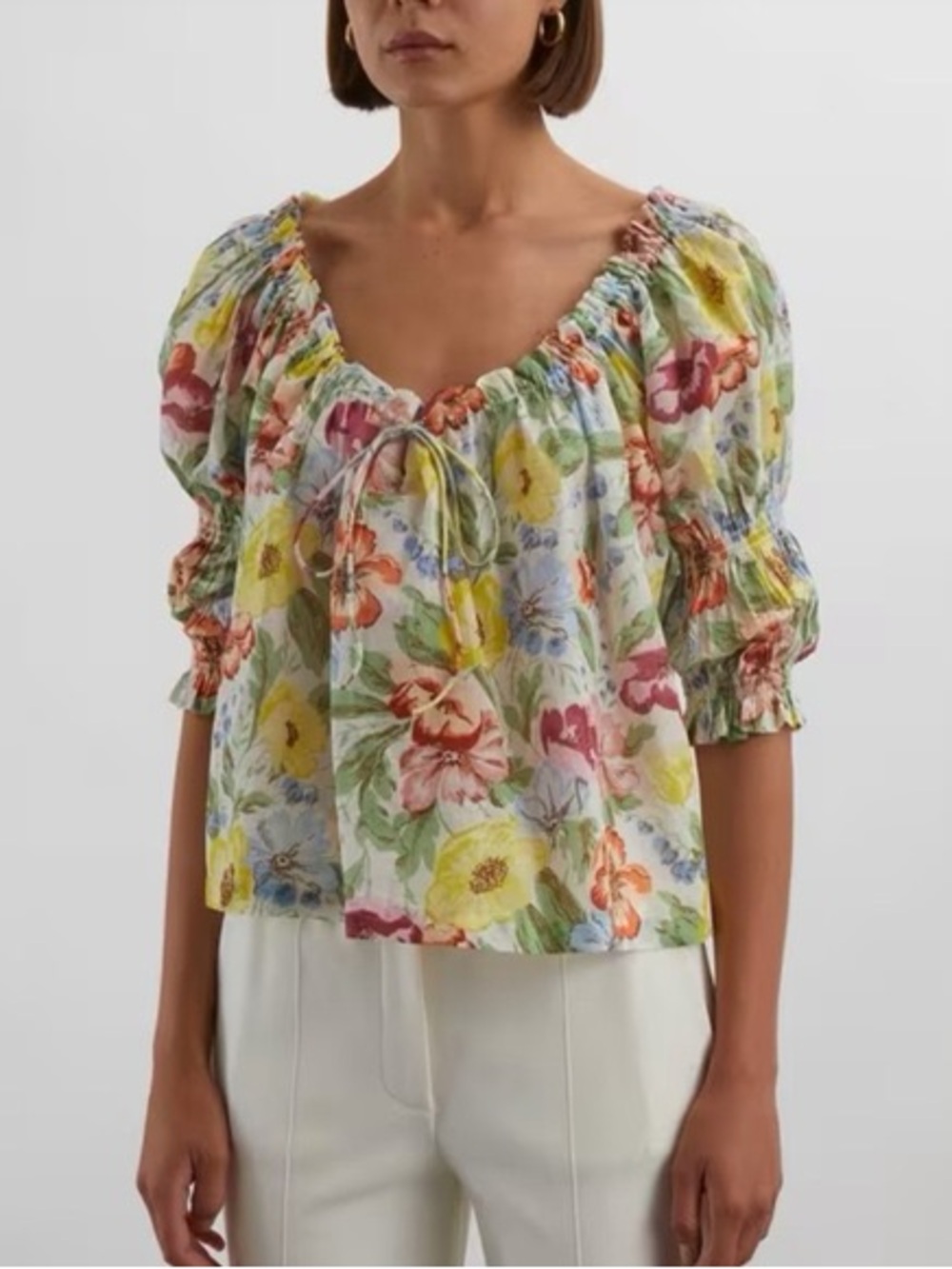 Doen Inez Blanc anemone bloom Floral Puff-Sleeve Peasant Blouse